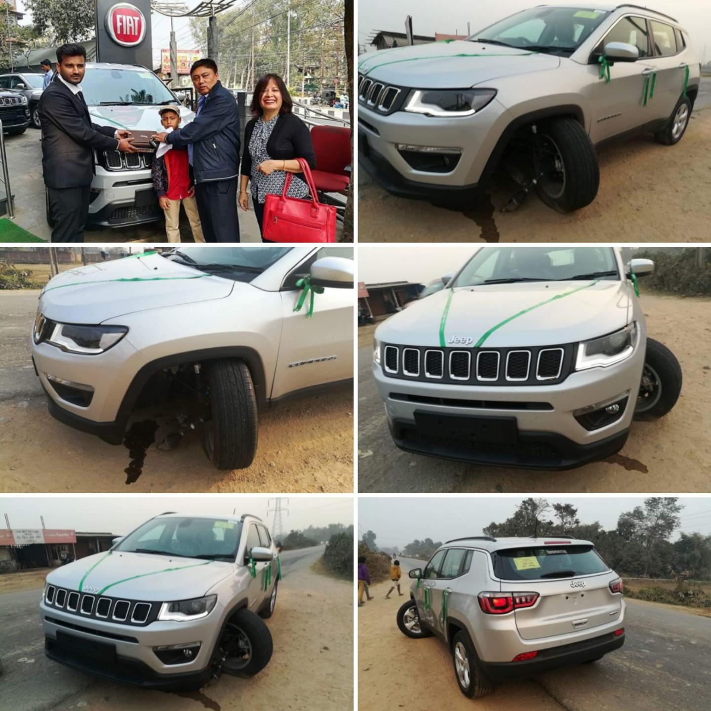 Family rides out of showroom in their new Jeep Compass. Wheel comes off on the highway.
