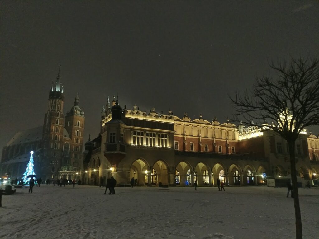 The Grand Square Kraków after a day of snowfall