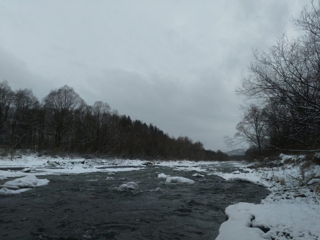 Partially frozen Skawa river running along Maków Podhalański