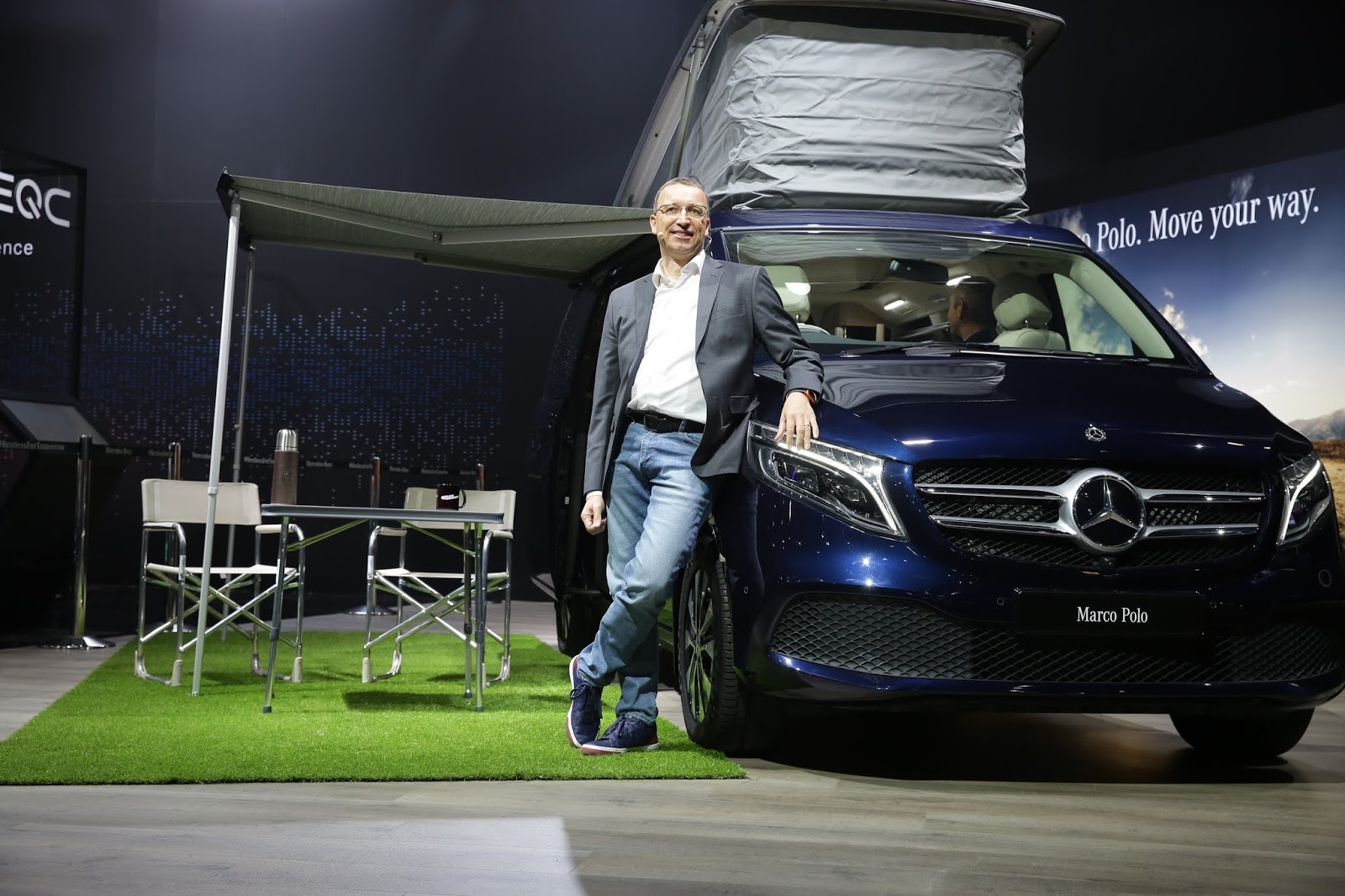Martin Schwenk, Managing Director & CEO, Mercedes-Benz India with the V-Class Marco Polo launched at the Auto Expo in Delhi